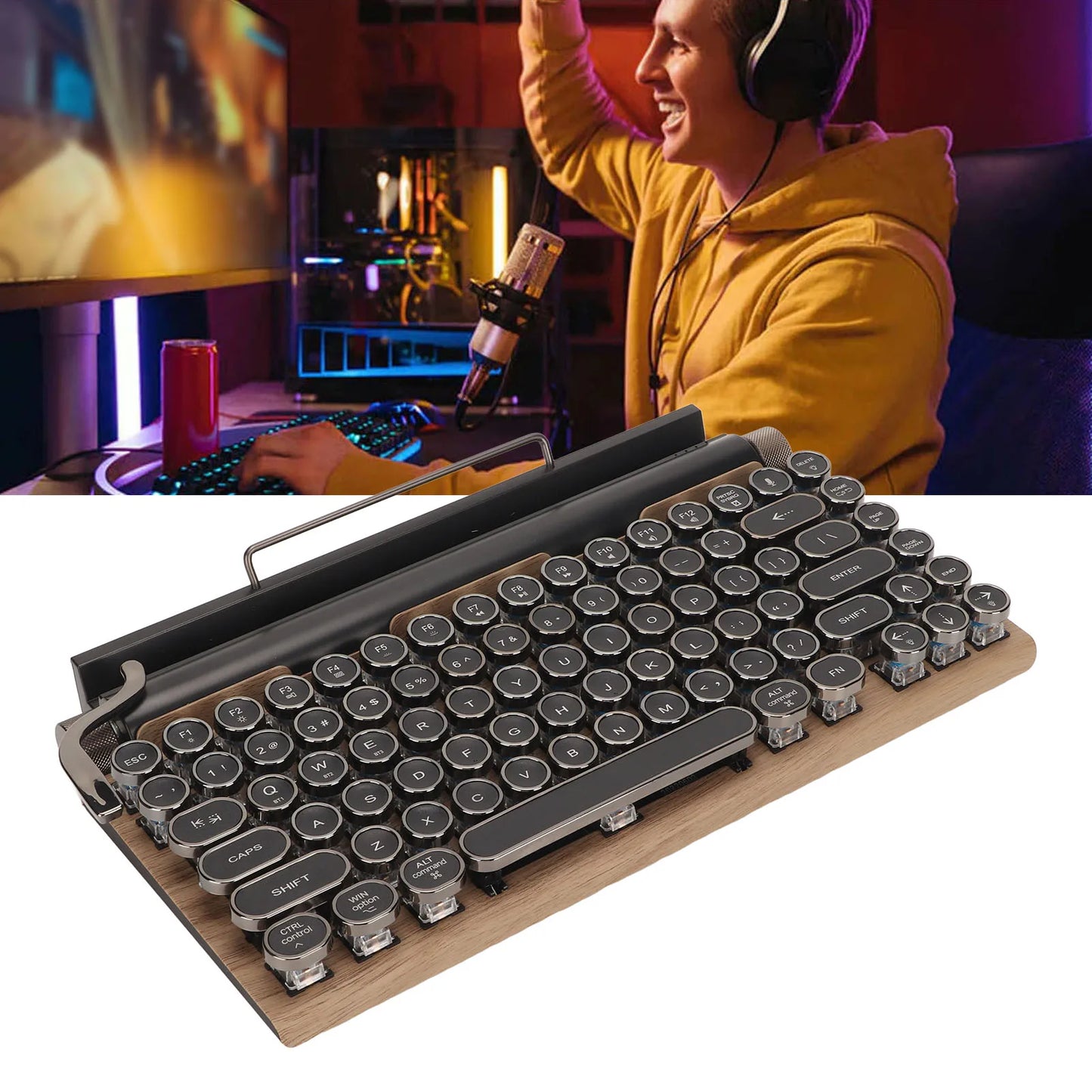 Vintage Wireless Mechanical Keyboard with 83 Keys and Metal Round Blue Switches