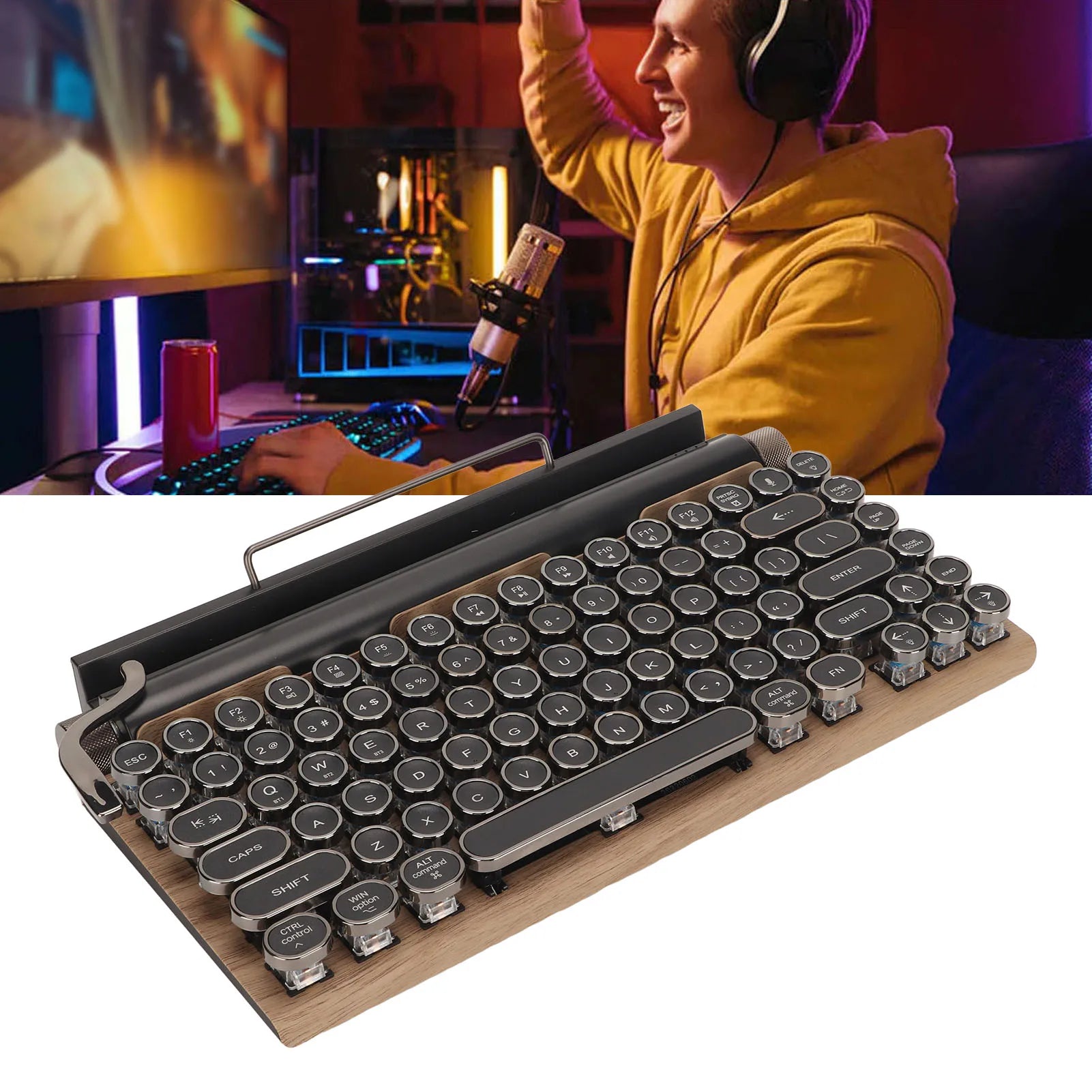 Vintage Wireless Mechanical Keyboard with 83 Keys and Metal Round Blue Switches